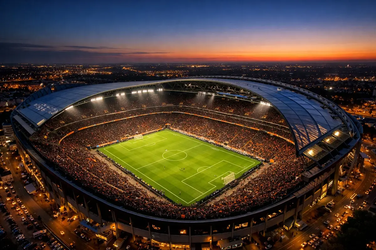 Stadio di calcio europeo visto dall'alto con il campo illuminato per una partita serale