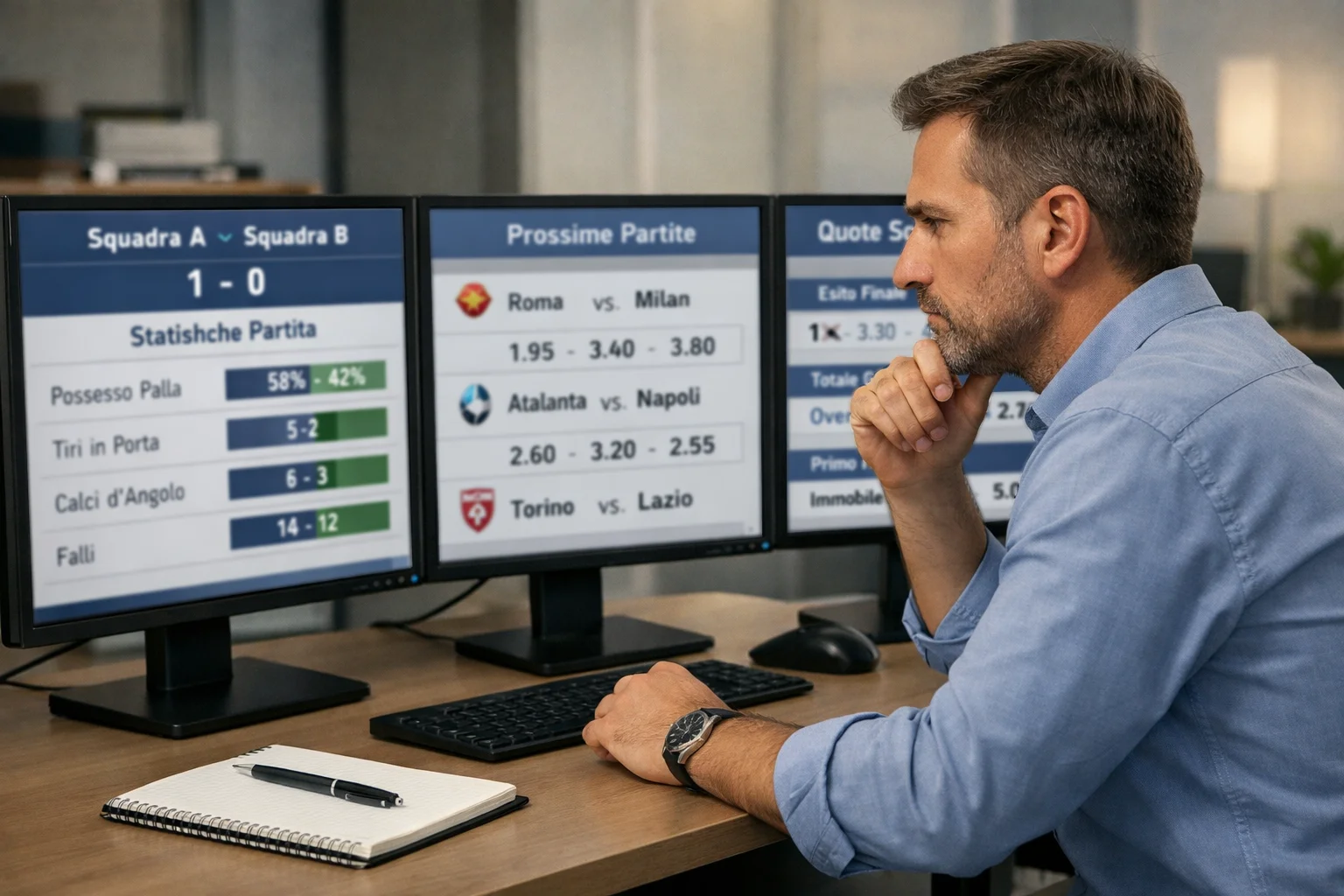 Analista che studia quote e statistiche su monitor