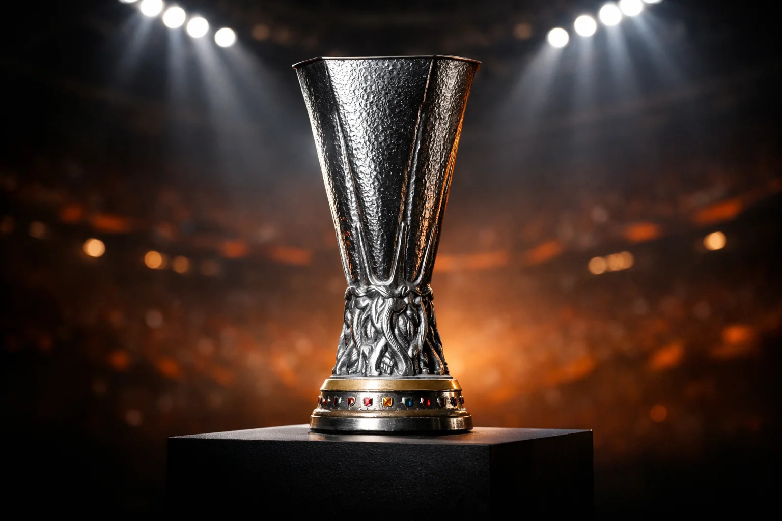 Trofeo Europa League illuminato sotto i riflettori dello stadio
