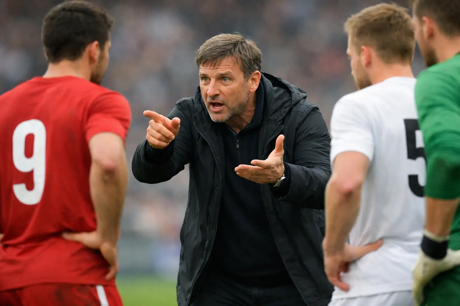 Allenatore che dà istruzioni ai giocatori dalla panchina