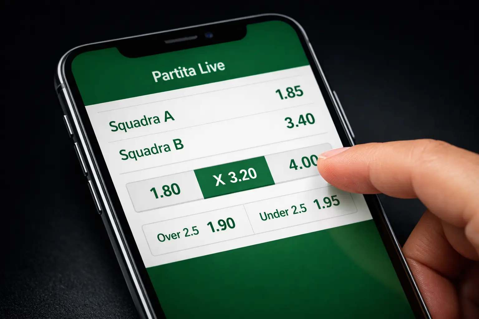 Interfaccia di betting con quote in tempo reale