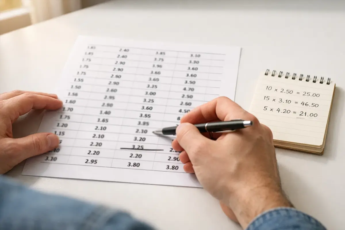 Persona seduta alla scrivania che studia quote di scommesse sportive su un foglio di carta con una penna in mano