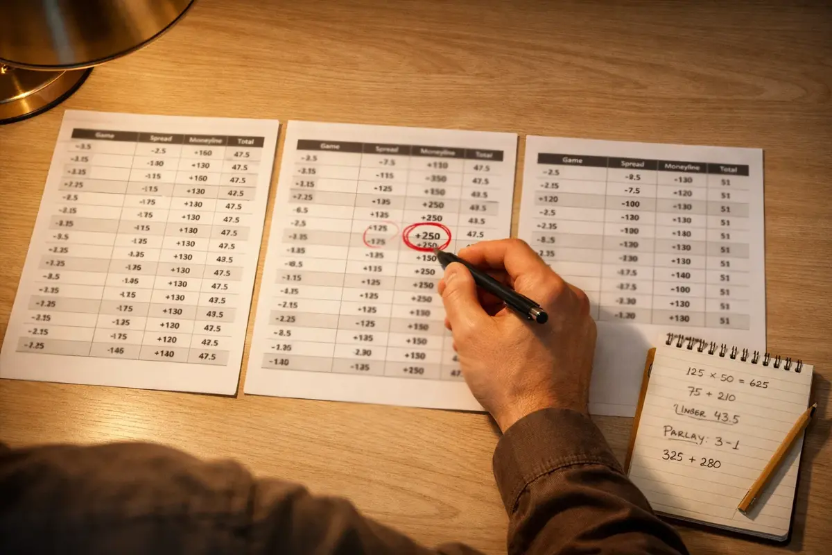 Persona alla scrivania che confronta colonne di quote scommesse stampate su piu fogli affiancati con una penna in mano