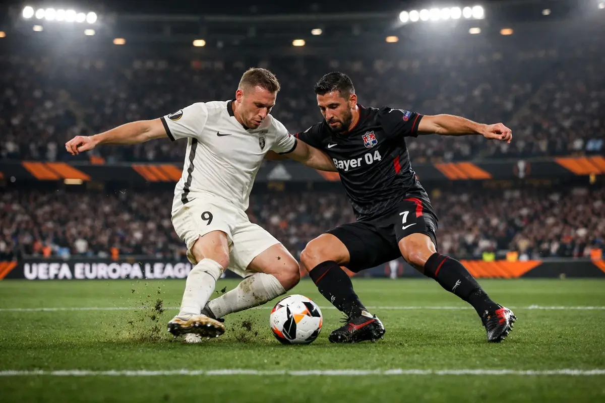 Calciatori in campo durante una partita di Europa League sotto i riflettori dello stadio