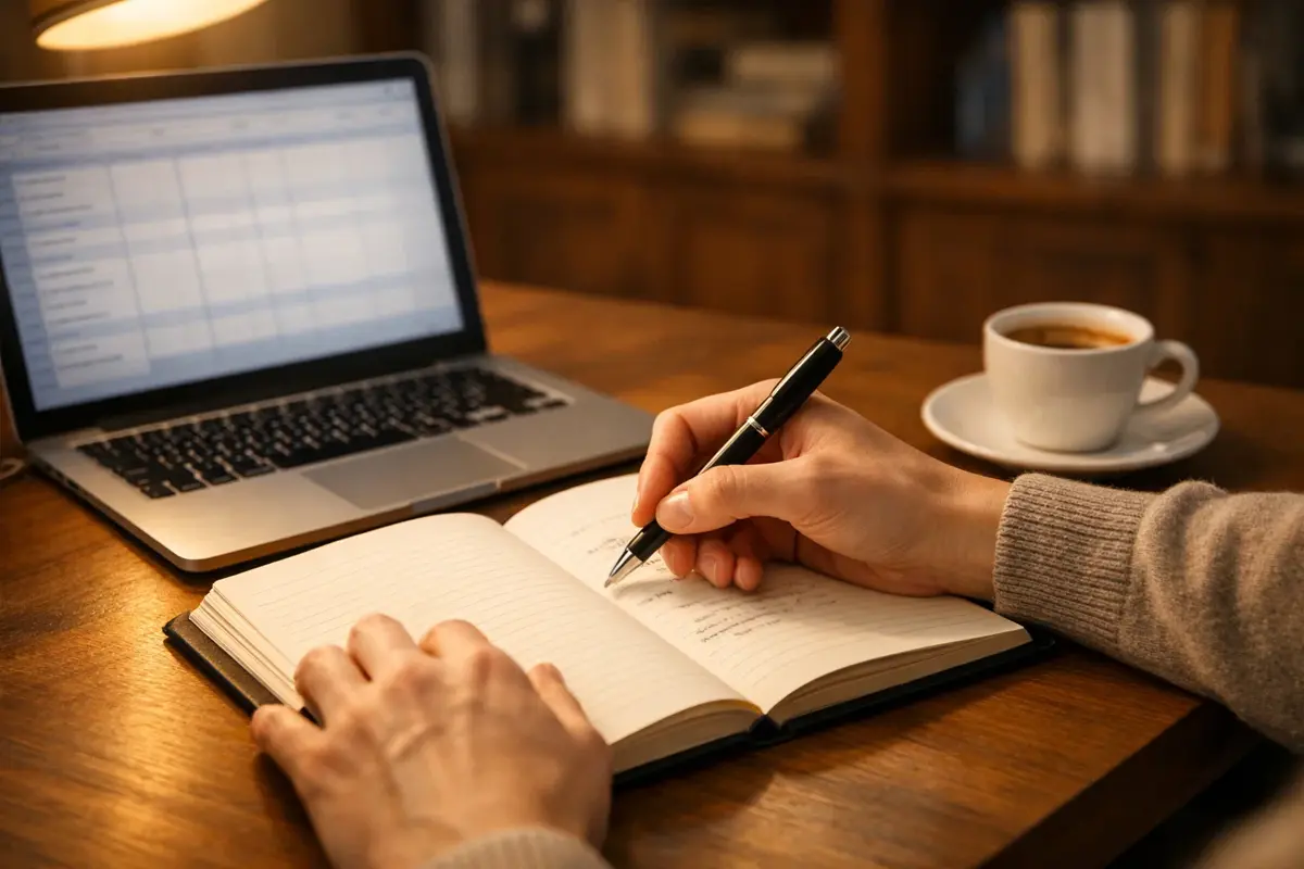 Persona che prende appunti su un quaderno con penna accanto a un laptop aperto