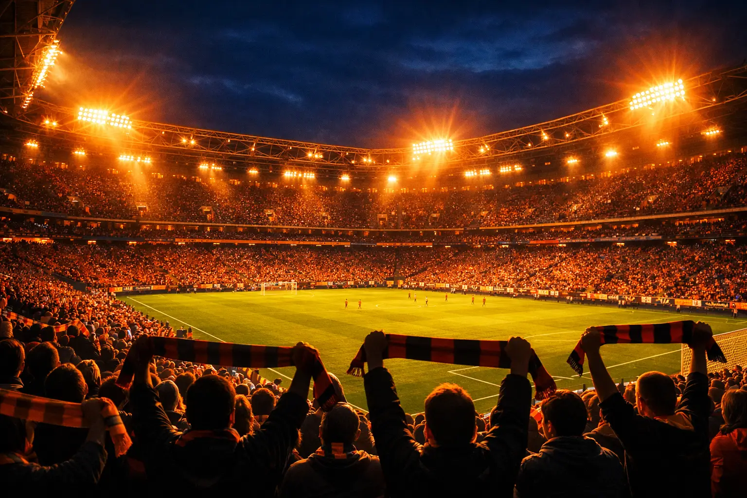 Stadio europeo illuminato durante una partita notturna di Europa League