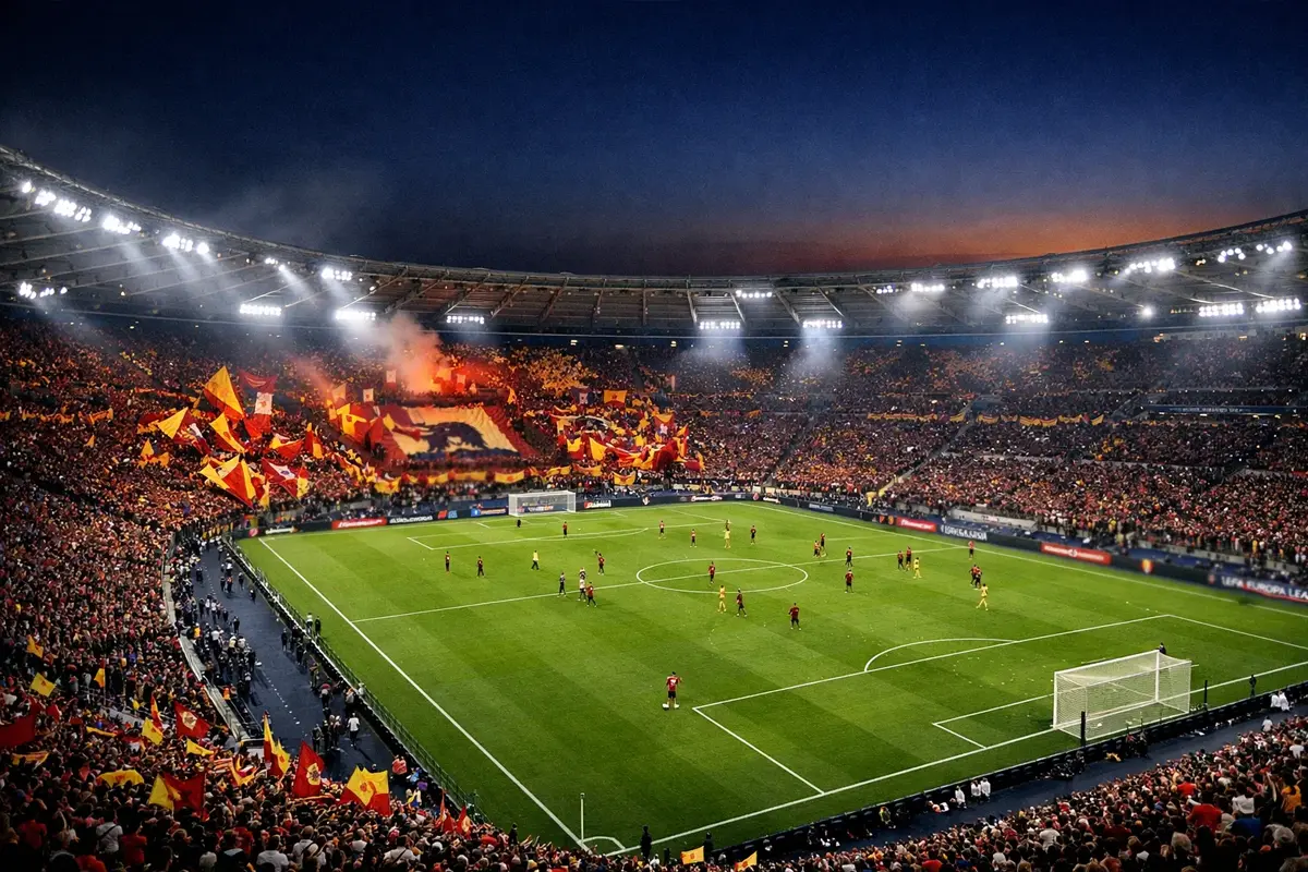 Stadio Olimpico di Roma illuminato durante una partita serale di Europa League