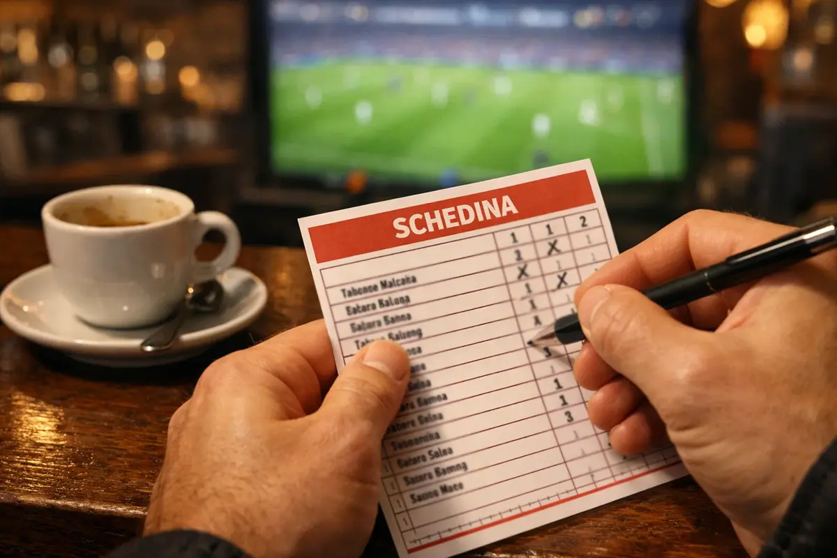 Tifoso di calcio concentrato che compila una schedina multipla con una penna davanti a uno schermo con partite di Europa League
