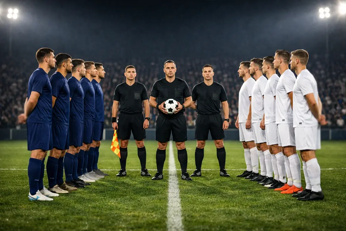 Due squadre di calcio schierate in campo prima del fischio d'inizio su un prato verde illuminato dai riflettori