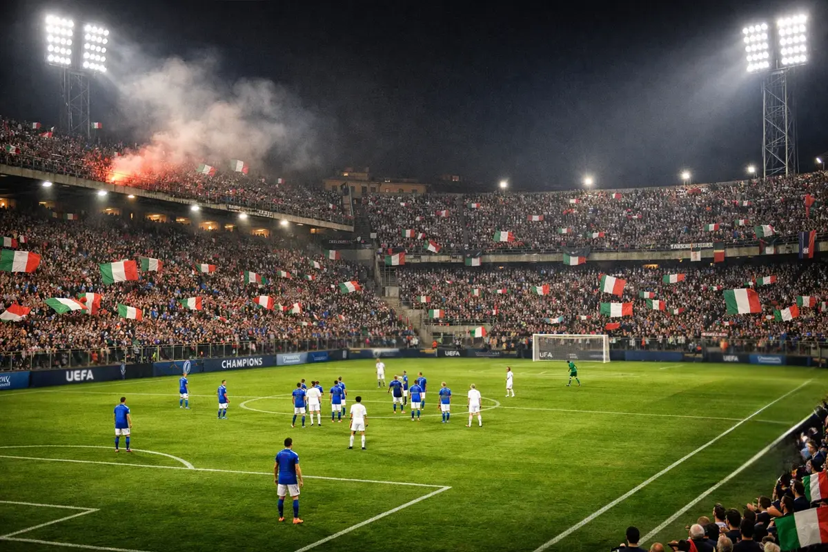 Stadio italiano illuminato durante una notte di Europa League con bandiere tricolori