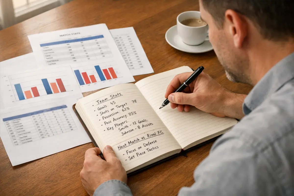 Analista sportivo che scrive appunti statistici su un quaderno con grafici semplici accanto a fogli con dati di partite di calcio