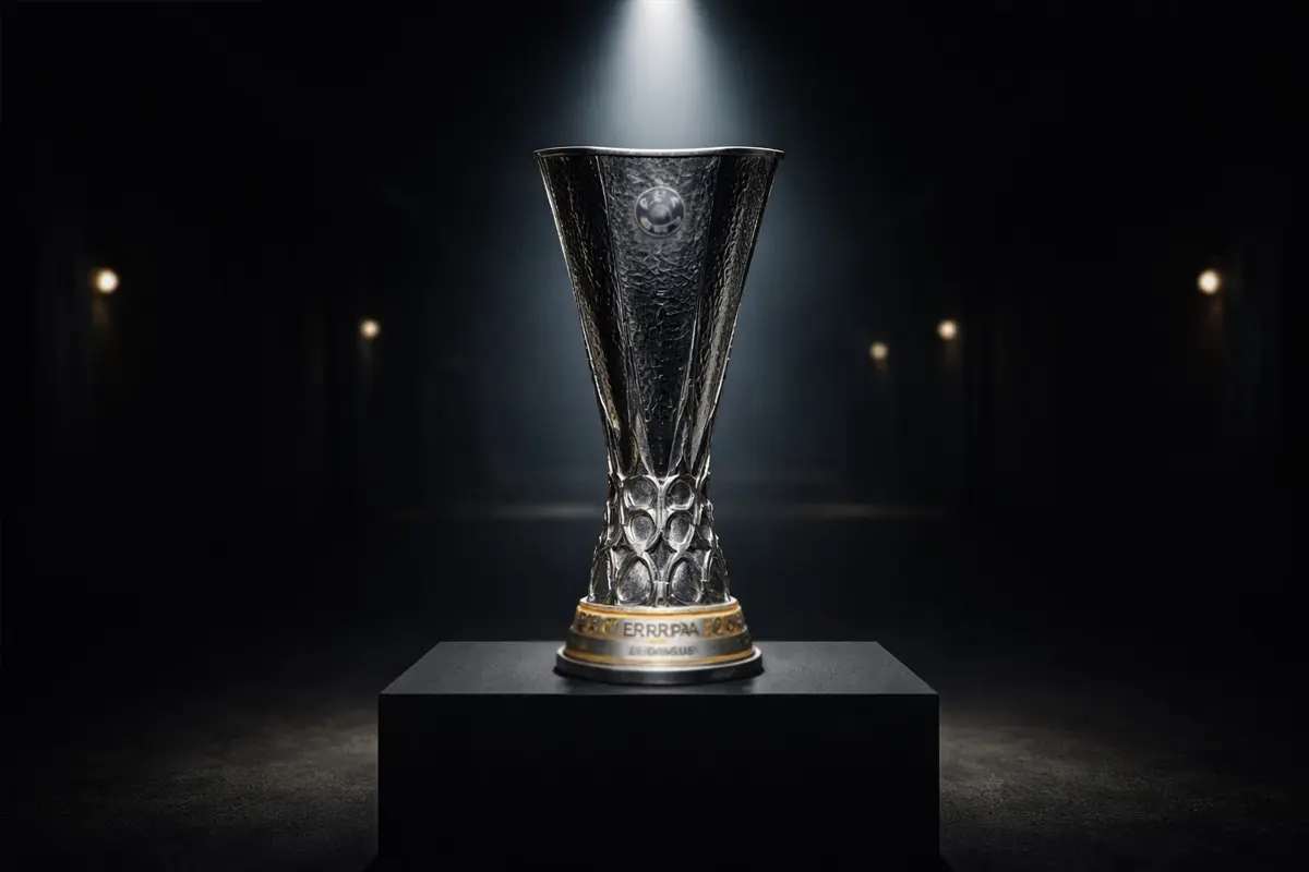 Trofeo dell'Europa League esposto sotto una luce drammatica su un piedistallo con lo sfondo scuro di uno stadio vuoto