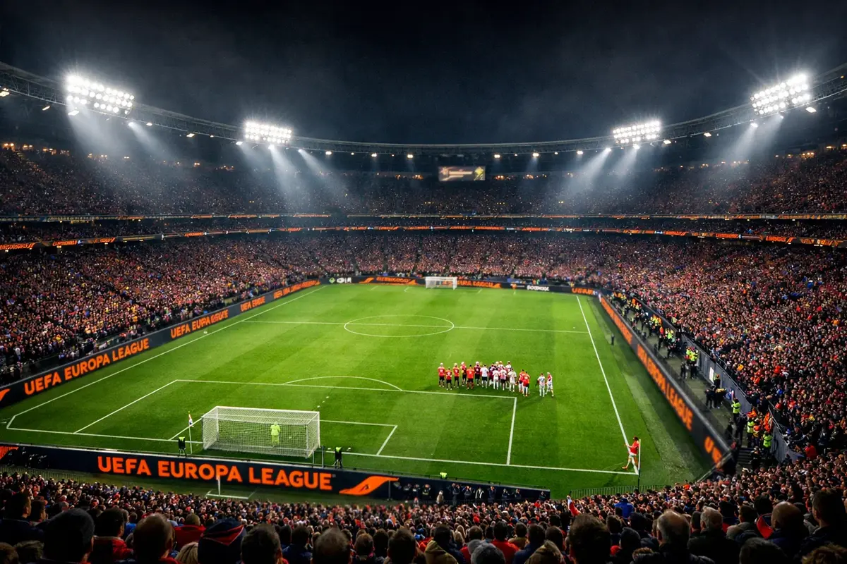 Veduta panoramica di uno stadio di calcio gremito durante una partita di Europa League