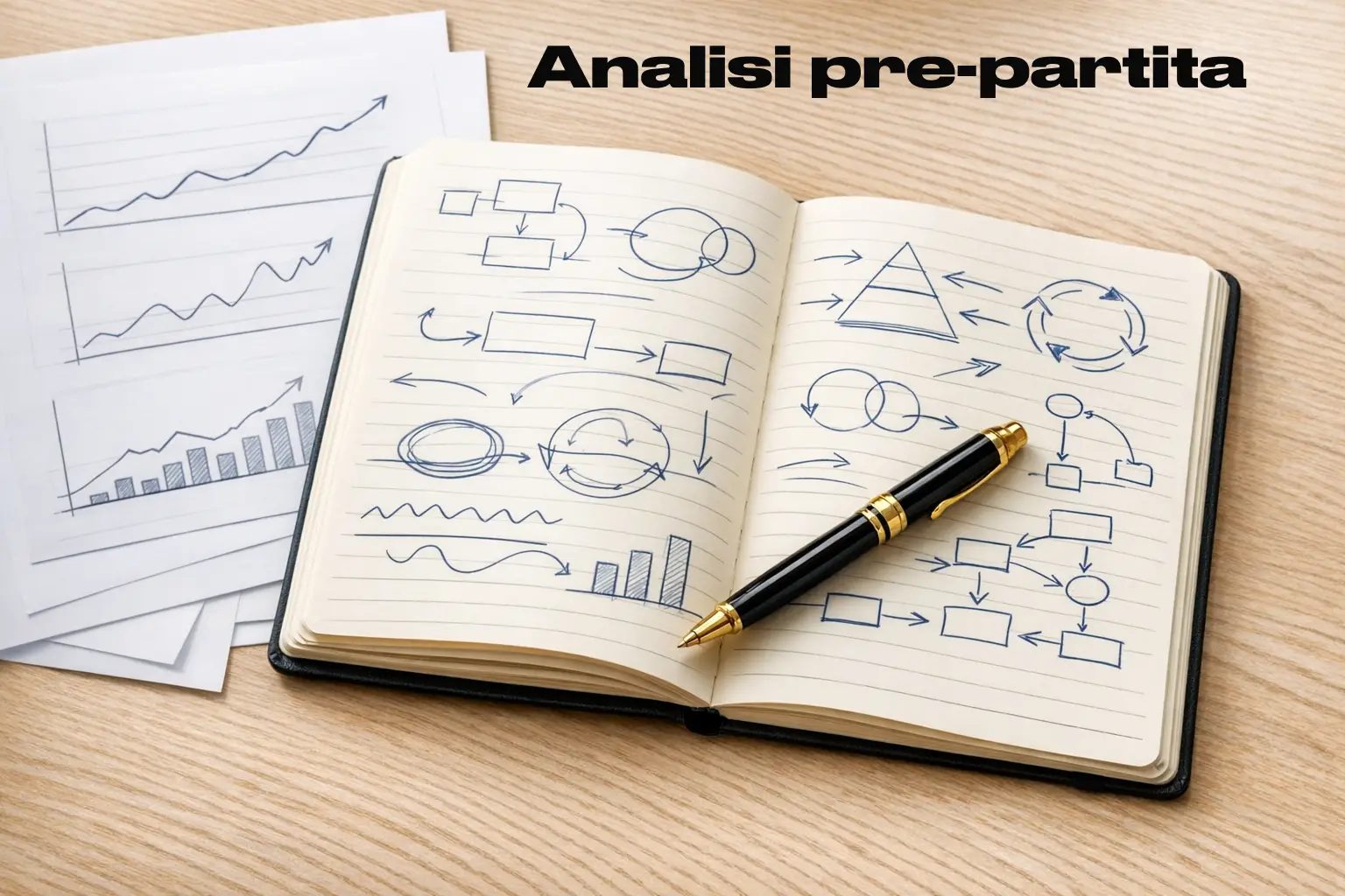 Blocco note con appunti e penna accanto a documenti di analisi sportiva